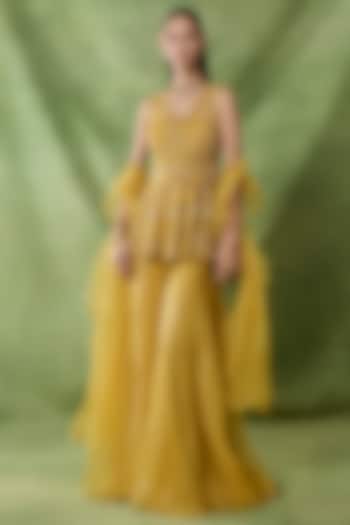 Yellow Organza Net Wedding Sharara Set by AWIGNA BY VARSHA & RITTU at Pernia's Pop Up Shop