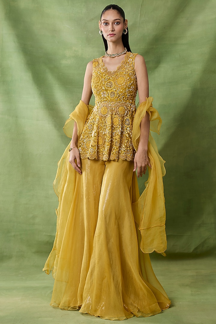 Yellow Organza Net Wedding Sharara Set by AWIGNA BY VARSHA & RITTU at Pernia's Pop Up Shop
