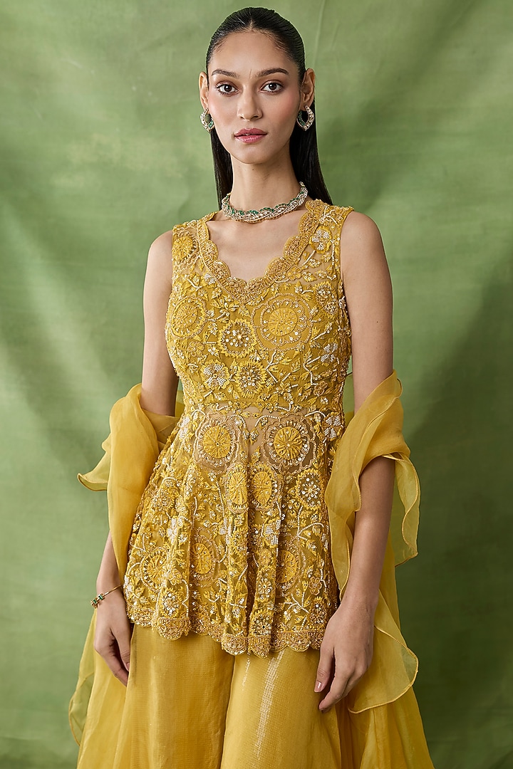 Yellow Organza Net Wedding Sharara Set by AWIGNA BY VARSHA & RITTU at Pernia's Pop Up Shop
