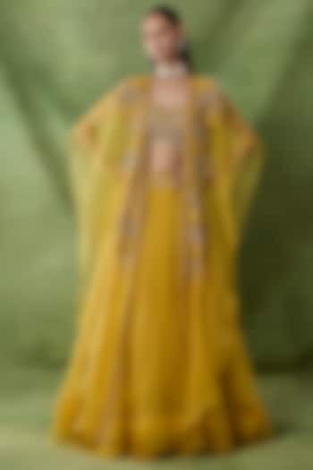 Yellow Organza Net Frilled Skirt Set by AWIGNA BY VARSHA & RITTU at Pernia's Pop Up Shop