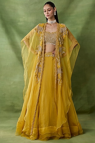 Yellow Organza Net Frilled Skirt Set by AWIGNA BY VARSHA & RITTU
