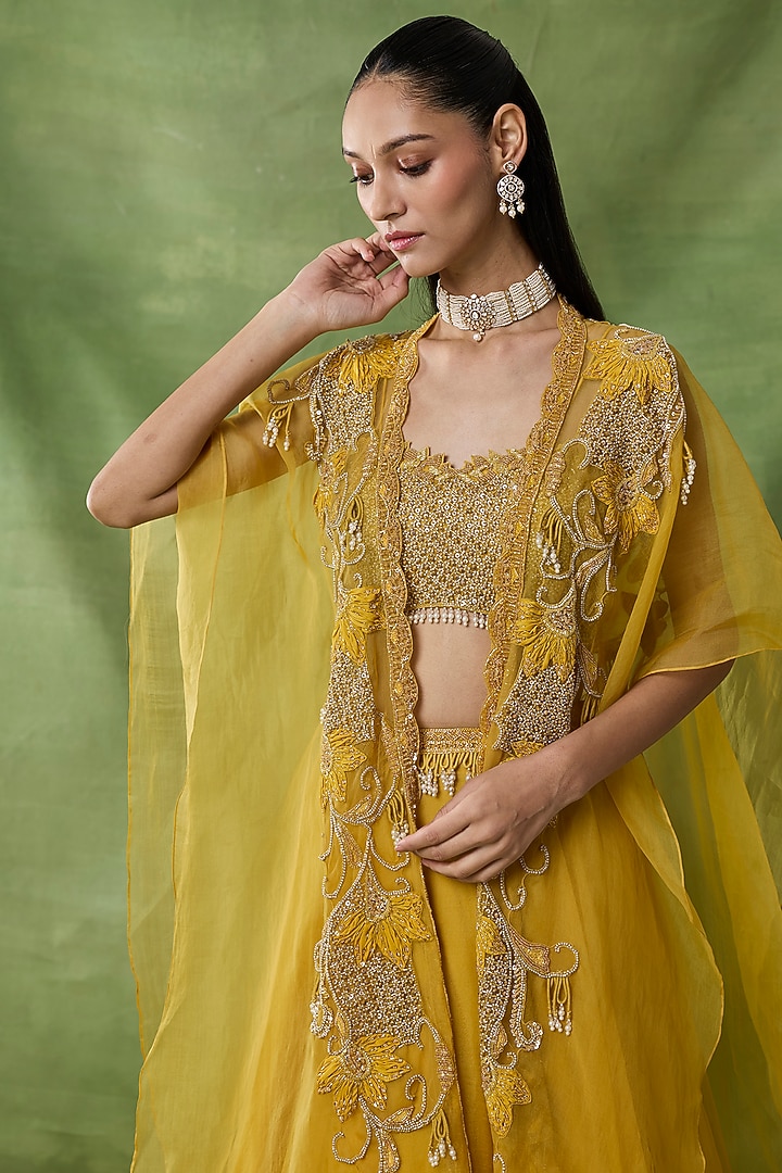 Yellow Organza Net Frilled Skirt Set by AWIGNA BY VARSHA & RITTU at Pernia's Pop Up Shop