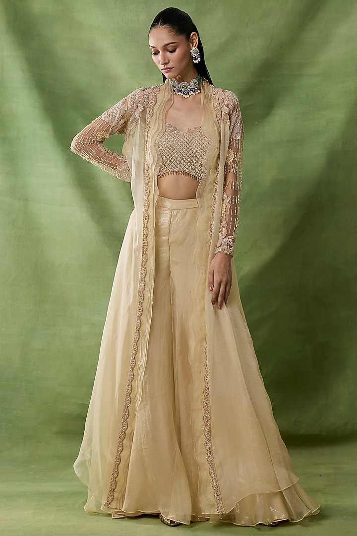 Champagne Organza Net Wedding Sharara Set by AWIGNA BY VARSHA & RITTU at Pernia's Pop Up Shop