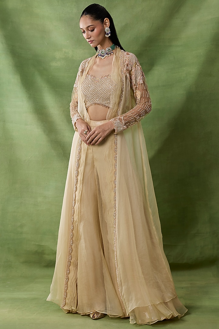 Champagne Organza Net Wedding Sharara Set by AWIGNA BY VARSHA & RITTU at Pernia's Pop Up Shop