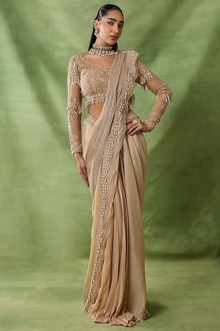 Champagne Organza Floral Embroidered Pre-Draped Wedding Saree Set by AWIGNA BY VARSHA & RITTU at Pernia's Pop Up Shop