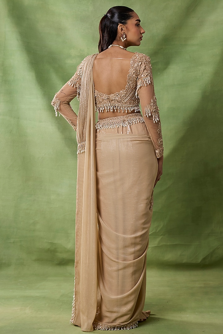 Champagne Organza Floral Embroidered Pre-Draped Reception Saree Set by AWIGNA BY VARSHA & RITTU at Pernia's Pop Up Shop