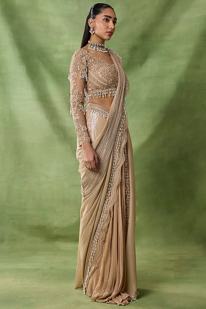 Champagne Organza Floral Embroidered Pre-Draped Reception Saree Set by AWIGNA BY VARSHA & RITTU at Pernia's Pop Up Shop