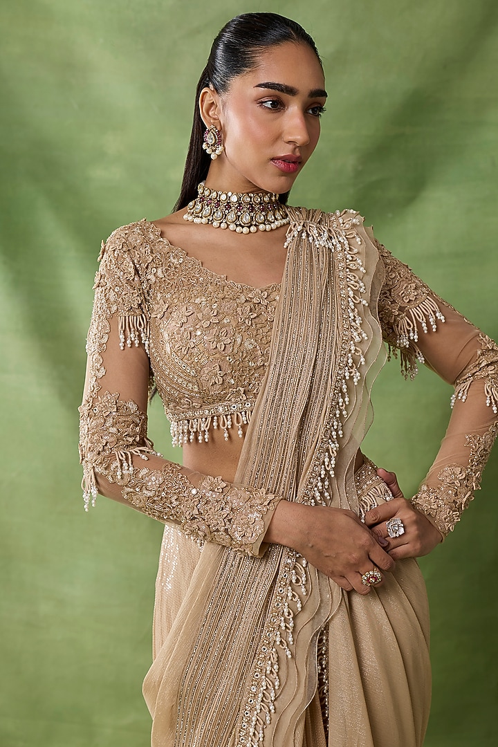 Champagne Organza Floral Embroidered Pre-Draped Reception Saree Set by AWIGNA BY VARSHA & RITTU at Pernia's Pop Up Shop