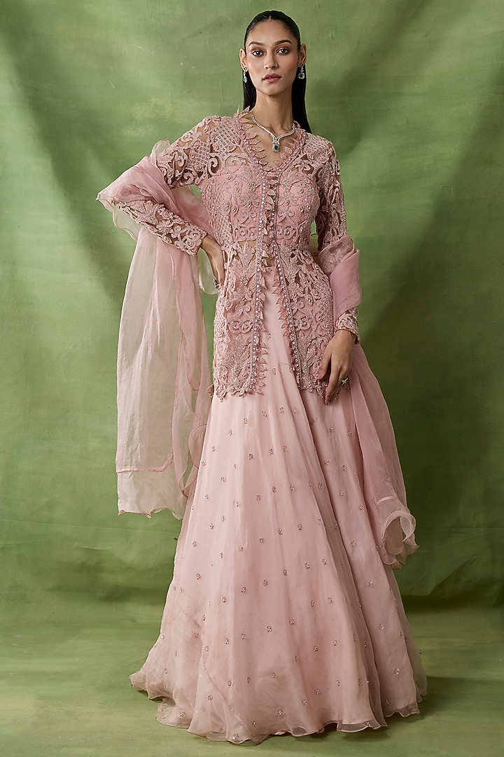Pink Organza Net Skirt Set by AWIGNA BY VARSHA & RITTU at Pernia's Pop Up Shop