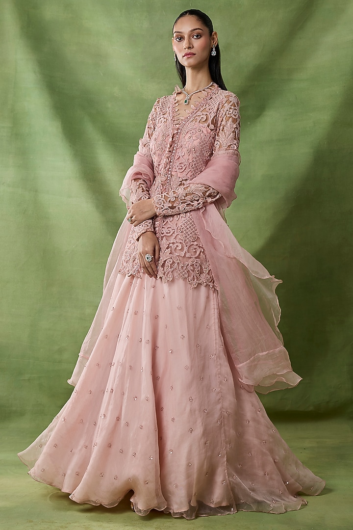 Pink Organza Net Skirt Set by AWIGNA BY VARSHA & RITTU at Pernia's Pop Up Shop