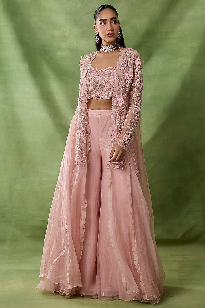 Pink Organza Net Wedding Sharara Set by AWIGNA BY VARSHA & RITTU at Pernia's Pop Up Shop
