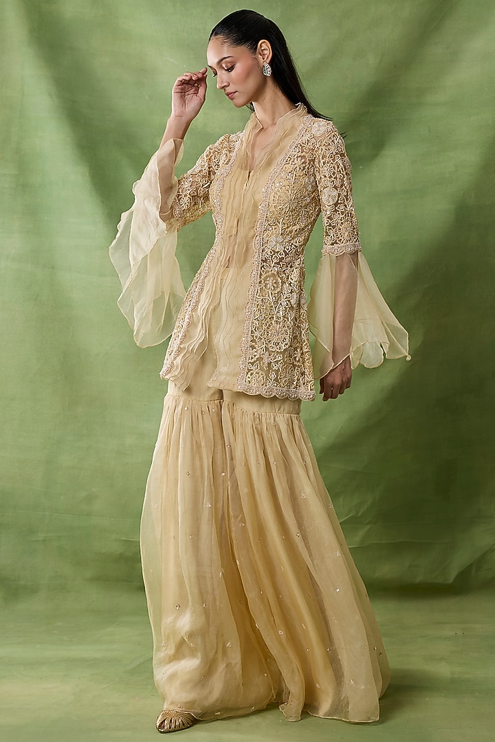 Champagne Organza Net Wedding Sharara Set by AWIGNA BY VARSHA & RITTU at Pernia's Pop Up Shop