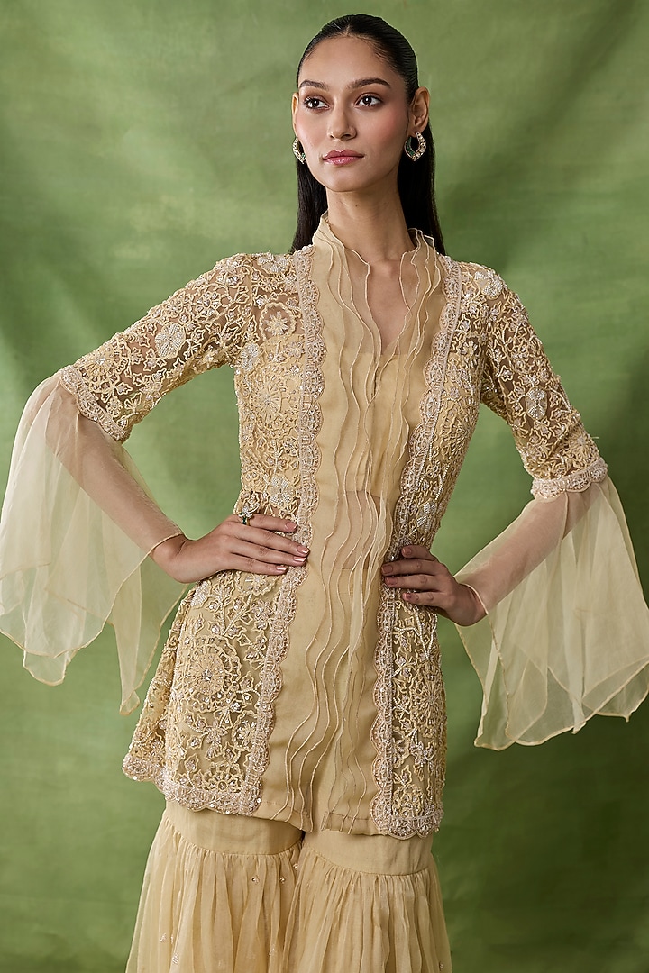 Champagne Organza Net Wedding Sharara Set by AWIGNA BY VARSHA & RITTU at Pernia's Pop Up Shop