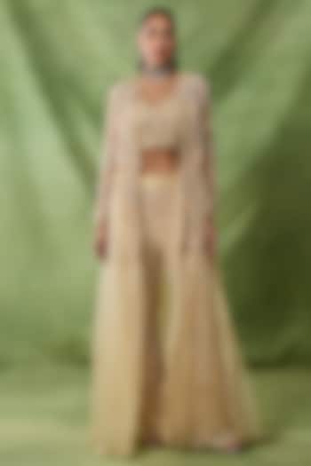 Champagne Organza Net Embroidered Pant Set by AWIGNA BY VARSHA & RITTU at Pernia's Pop Up Shop