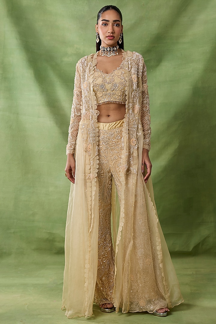 Champagne Organza Net Embroidered Pant Set by AWIGNA BY VARSHA & RITTU at Pernia's Pop Up Shop