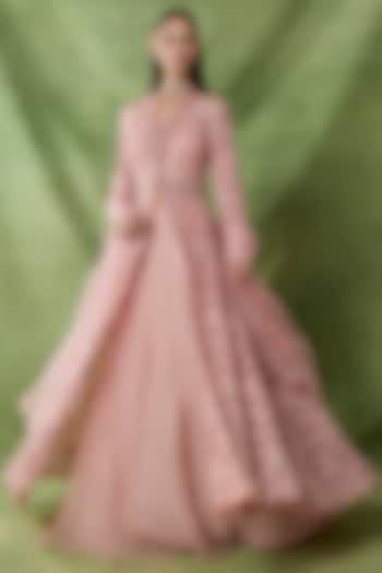 Pink Organza Net Flared Skirt Set by AWIGNA BY VARSHA & RITTU at Pernia's Pop Up Shop