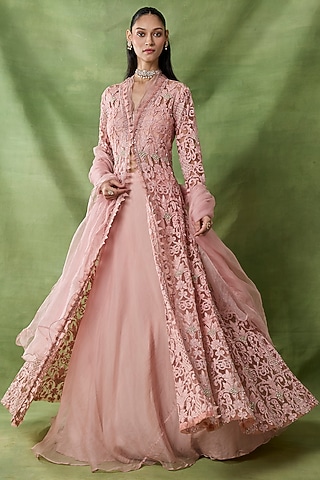 Pink Organza Net Flared Skirt Set by AWIGNA BY VARSHA & RITTU