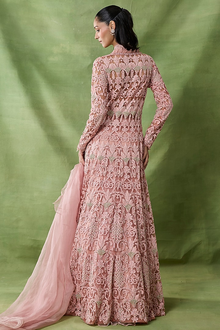Pink Organza Net Flared Skirt Set by AWIGNA BY VARSHA & RITTU at Pernia's Pop Up Shop