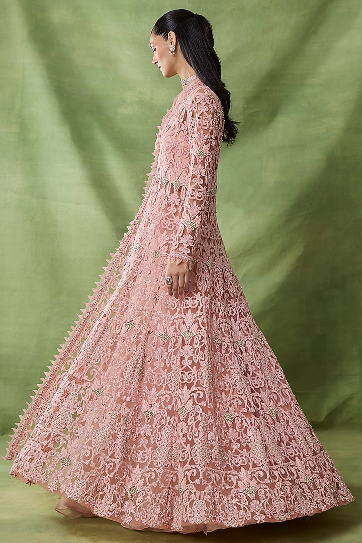 Pink Organza Net Flared Skirt Set by AWIGNA BY VARSHA & RITTU at Pernia's Pop Up Shop
