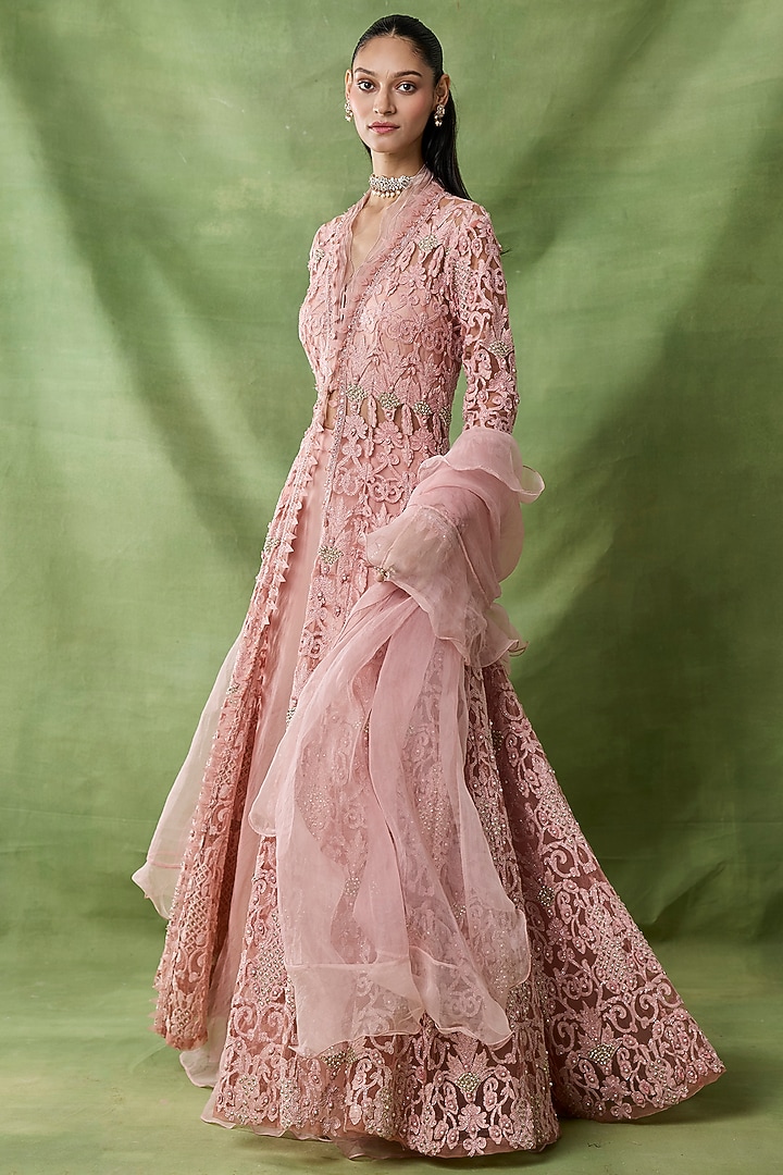 Pink Organza Net Flared Skirt Set by AWIGNA BY VARSHA & RITTU at Pernia's Pop Up Shop