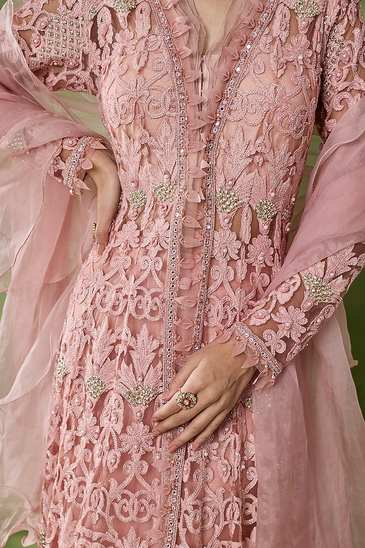 Pink Organza Net Flared Skirt Set by AWIGNA BY VARSHA & RITTU at Pernia's Pop Up Shop