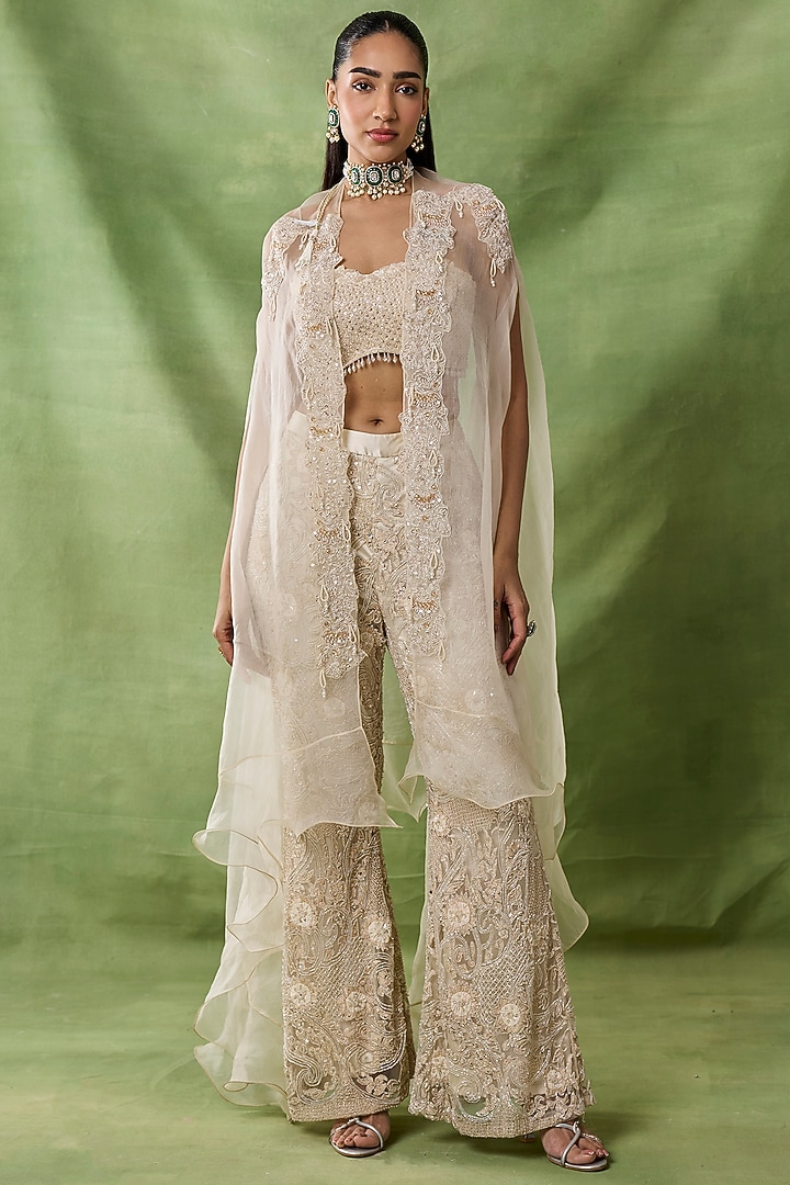 Ivory Organza Net Floral Embroidered Pant Set by AWIGNA BY VARSHA & RITTU at Pernia's Pop Up Shop