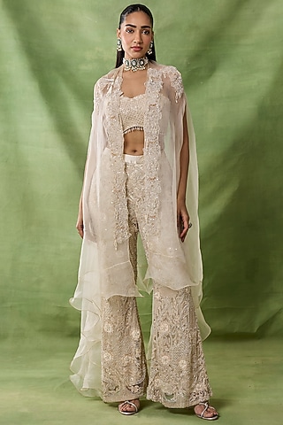 Ivory Organza Net Floral Embroidered Pant Set by AWIGNA BY VARSHA & RITTU