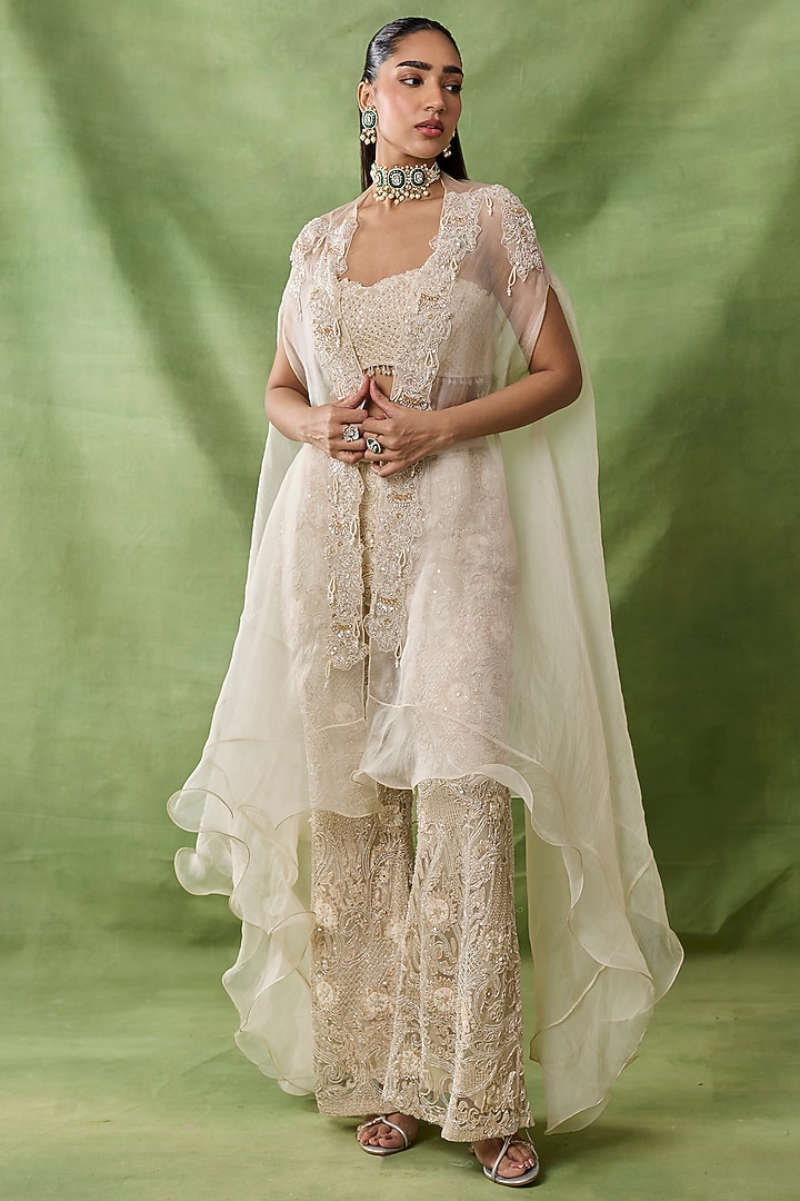 Ivory Organza Net Floral Embroidered Pant Set by AWIGNA BY VARSHA & RITTU at Pernia's Pop Up Shop
