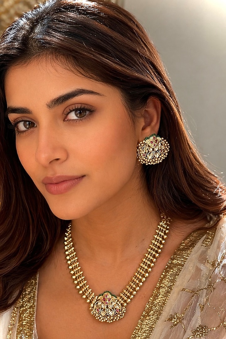 Gold Finish Kundan Polki Necklace Set by AVSA Jewels at Pernia's Pop Up Shop