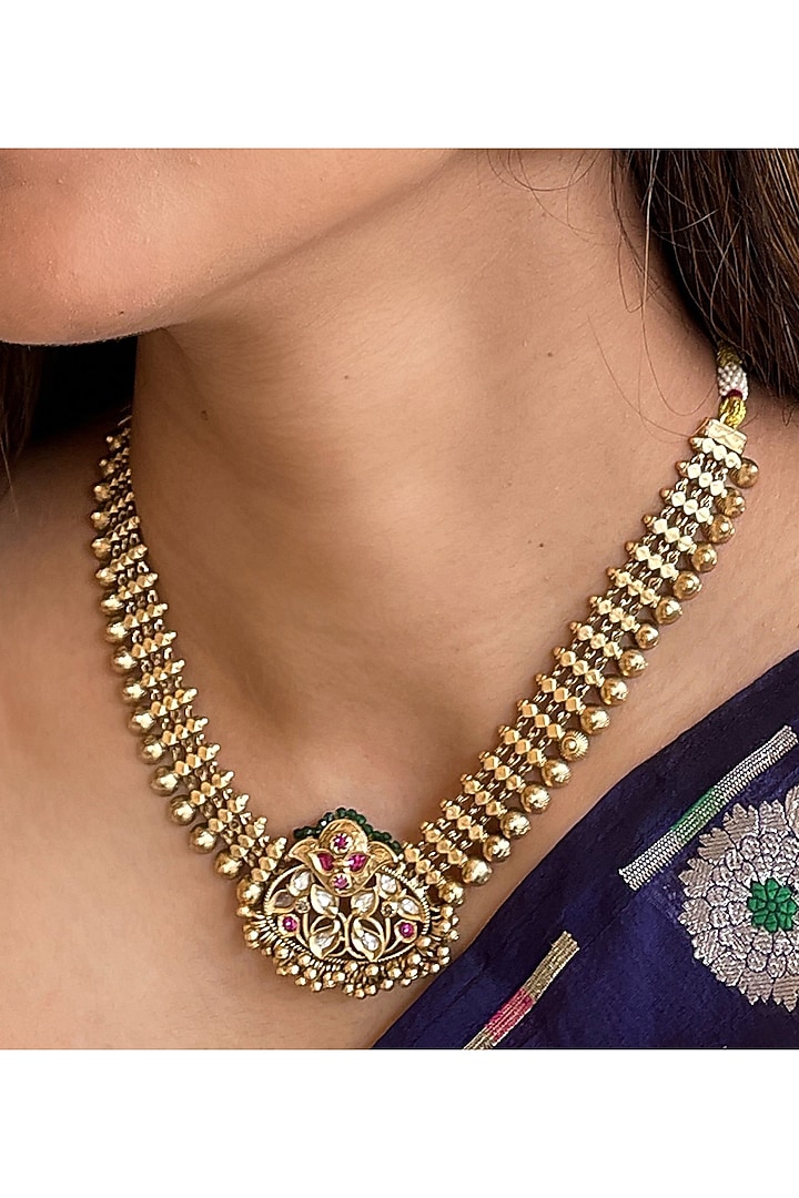 Gold Finish Kundan Polki Necklace Set by AVSA Jewels at Pernia's Pop Up Shop