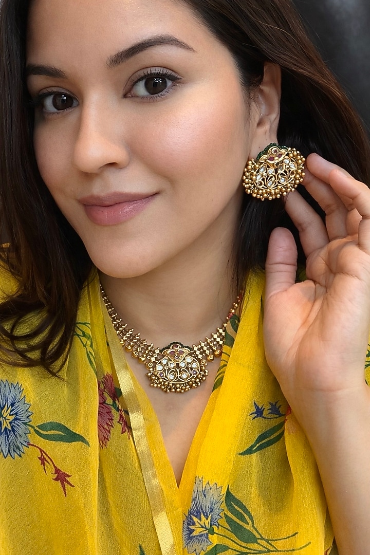 Gold Finish Kundan Polki Necklace Set by AVSA Jewels at Pernia's Pop Up Shop