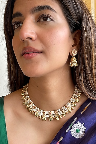 Gold Finish Kundan Polki Temple Necklace Set by AVSA Jewels