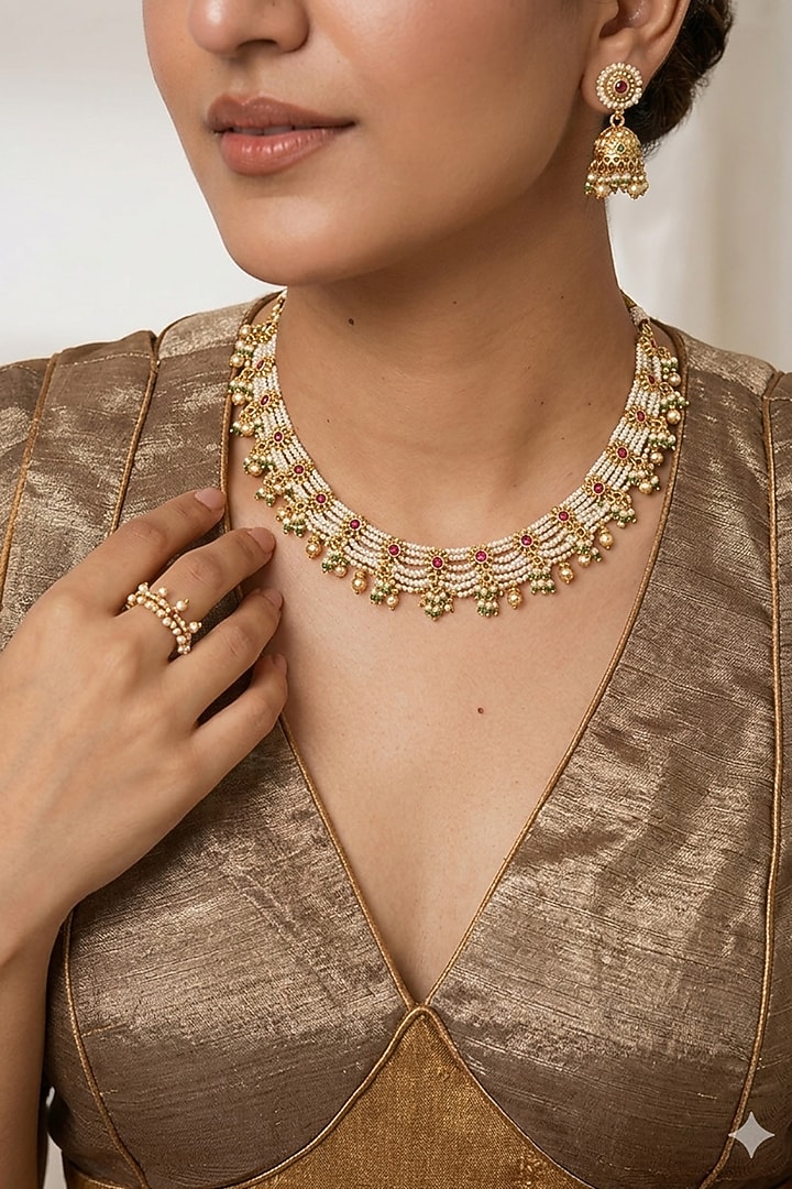 Gold Finish Kundan Polki Temple Necklace Set by AVSA Jewels at Pernia's Pop Up Shop