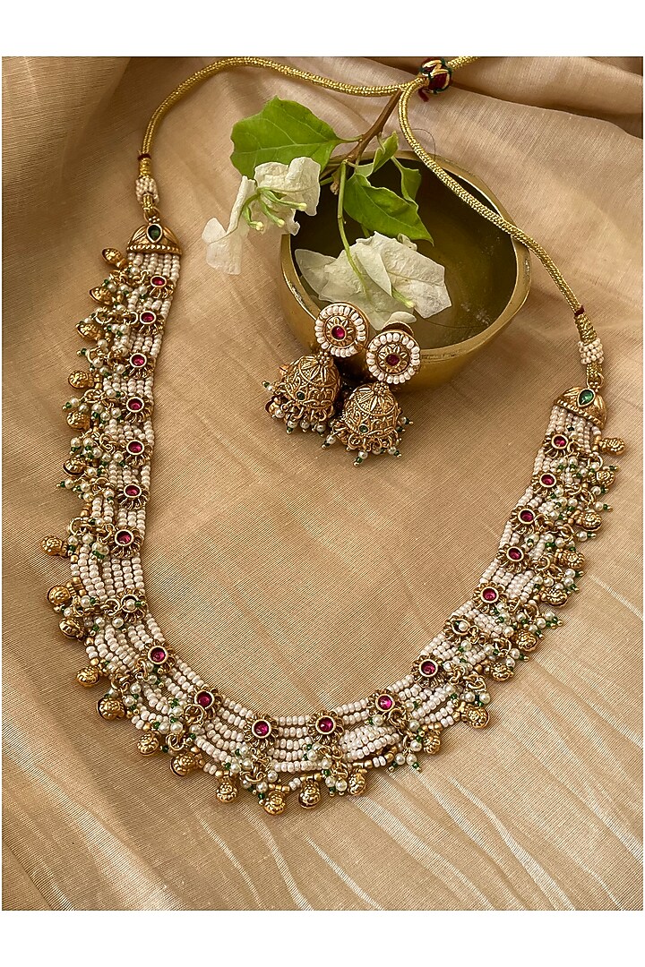 Gold Finish Kundan Polki Temple Necklace Set by AVSA Jewels at Pernia's Pop Up Shop