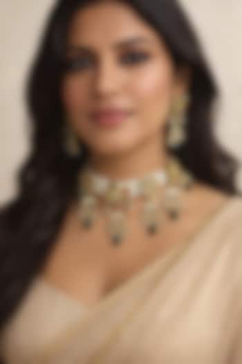 Gold Finish Kundan Polki & Navratna Stone Necklace Set by AVSA Jewels at Pernia's Pop Up Shop