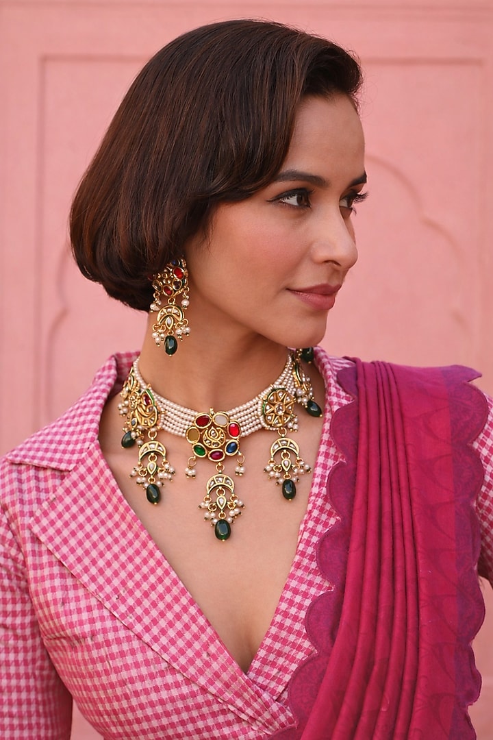 Gold Finish Kundan Polki & Navratna Stone Necklace Set by AVSA Jewels at Pernia's Pop Up Shop