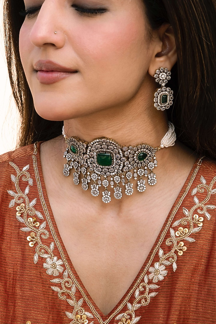 Gold Finish Kundan Polki & Emerald Stone Choker Necklace Set by AVSA Jewels at Pernia's Pop Up Shop