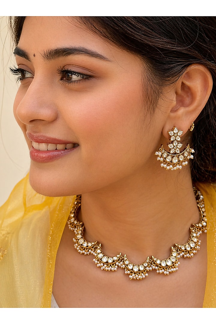 Gold Finish Kundan Polki & Pearl Choker Necklace Set by AVSA Jewels at Pernia's Pop Up Shop