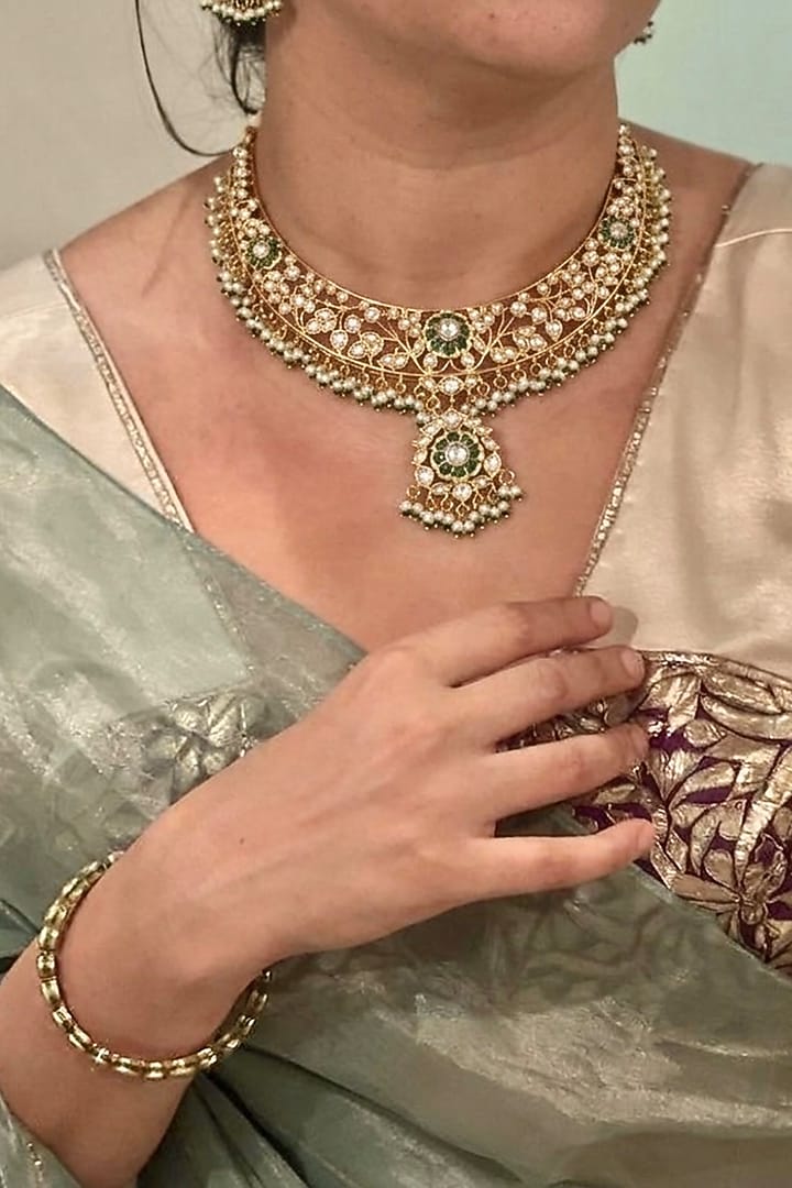 Gold Finish Jadau Kundan Polki & Emerald Stone Necklace Set by AVSA Jewels at Pernia's Pop Up Shop