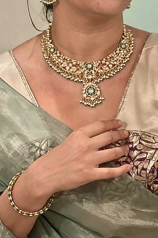 Gold Finish Jadau Kundan Polki & Emerald Stone Necklace Set by AVSA Jewels