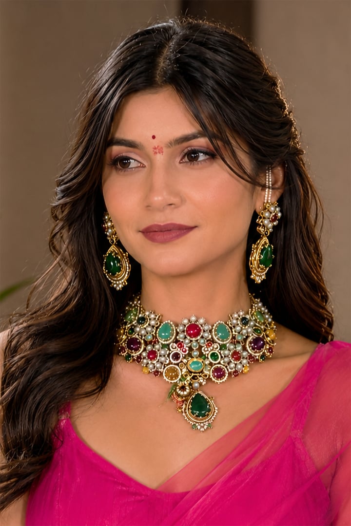 Gold Finish Zircon & Multi-Colored Stone Necklace Set by AVSA Jewels at Pernia's Pop Up Shop