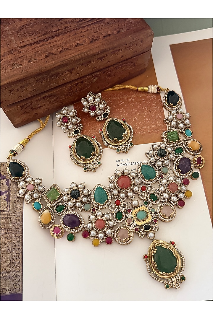 Gold Finish Zircon & Multi-Colored Stone Necklace Set by AVSA Jewels at Pernia's Pop Up Shop