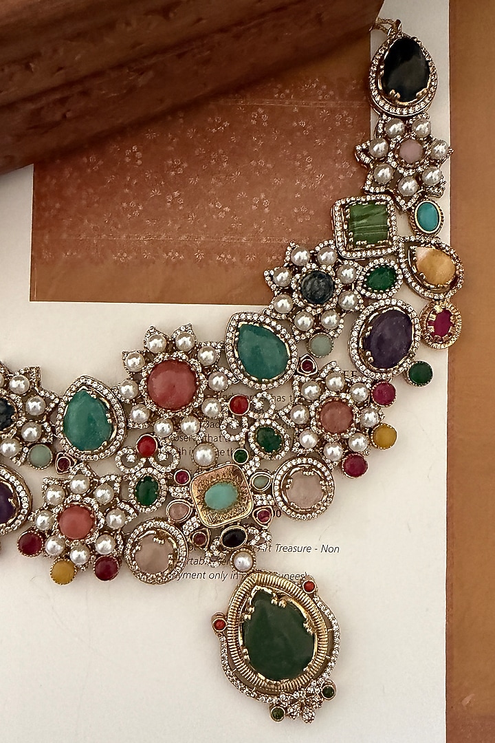 Gold Finish Zircon & Multi-Colored Stone Necklace Set by AVSA Jewels at Pernia's Pop Up Shop