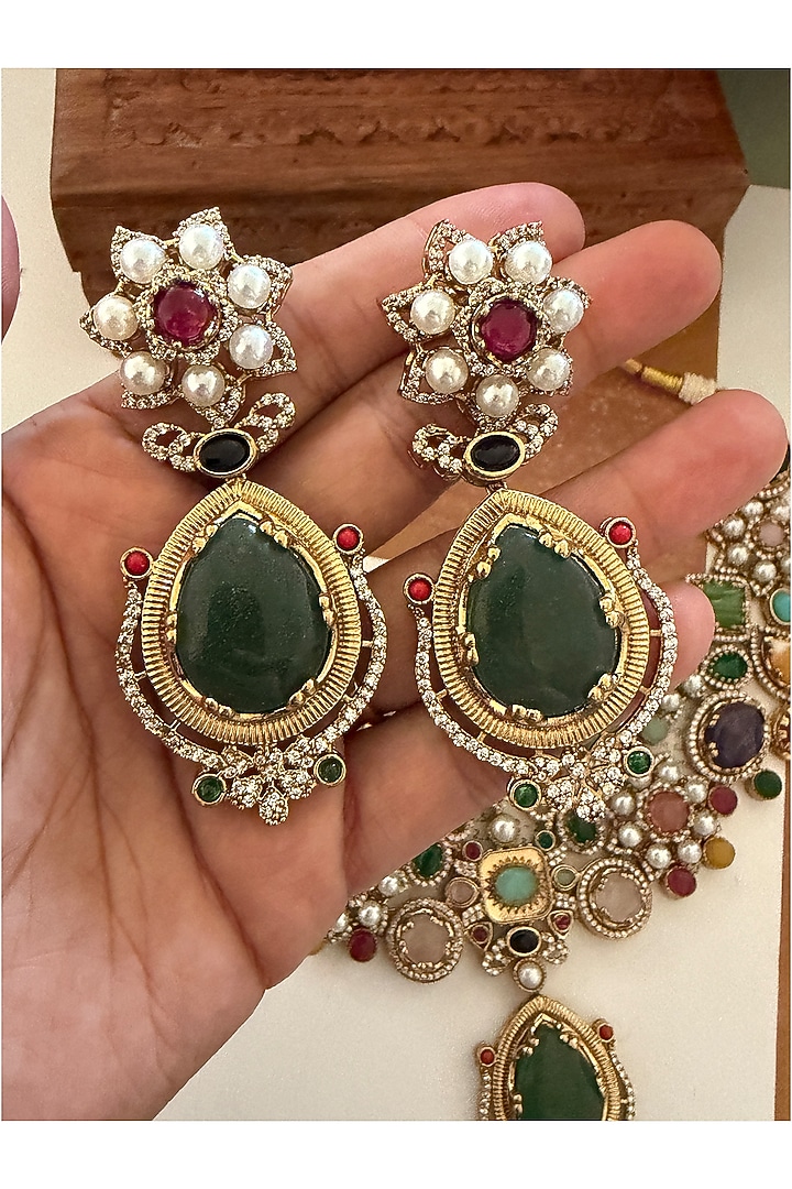Gold Finish Zircon & Multi-Colored Stone Necklace Set by AVSA Jewels at Pernia's Pop Up Shop