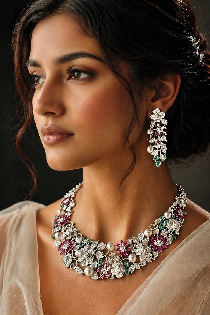 White Finish Zircon & Multi-Colored Stone Necklace Set by AVSA Jewels at Pernia's Pop Up Shop