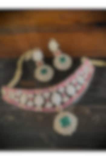 Gold Finish Ruby & Emerald Stone Necklace Set by AVSA Jewels at Pernia's Pop Up Shop