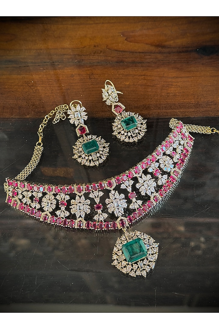 Gold Finish Ruby & Emerald Stone Necklace Set by AVSA Jewels at Pernia's Pop Up Shop