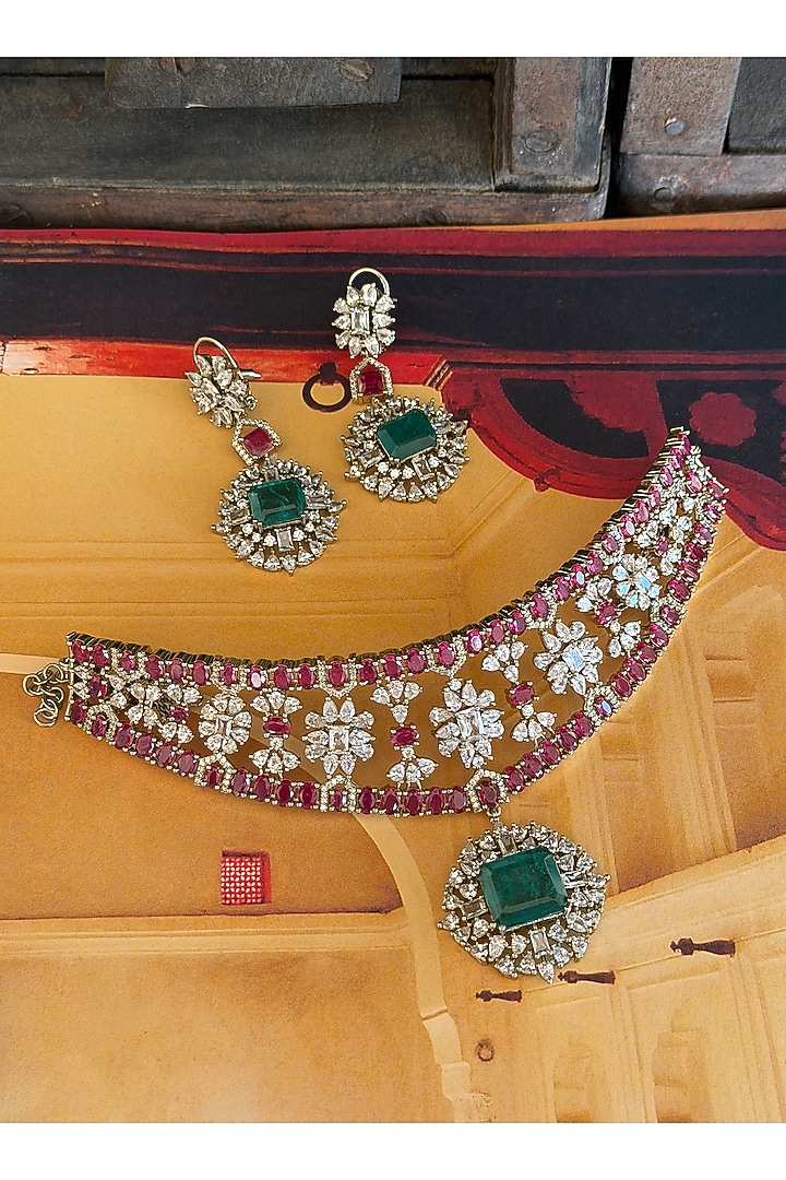 Gold Finish Ruby & Emerald Stone Necklace Set by AVSA Jewels at Pernia's Pop Up Shop