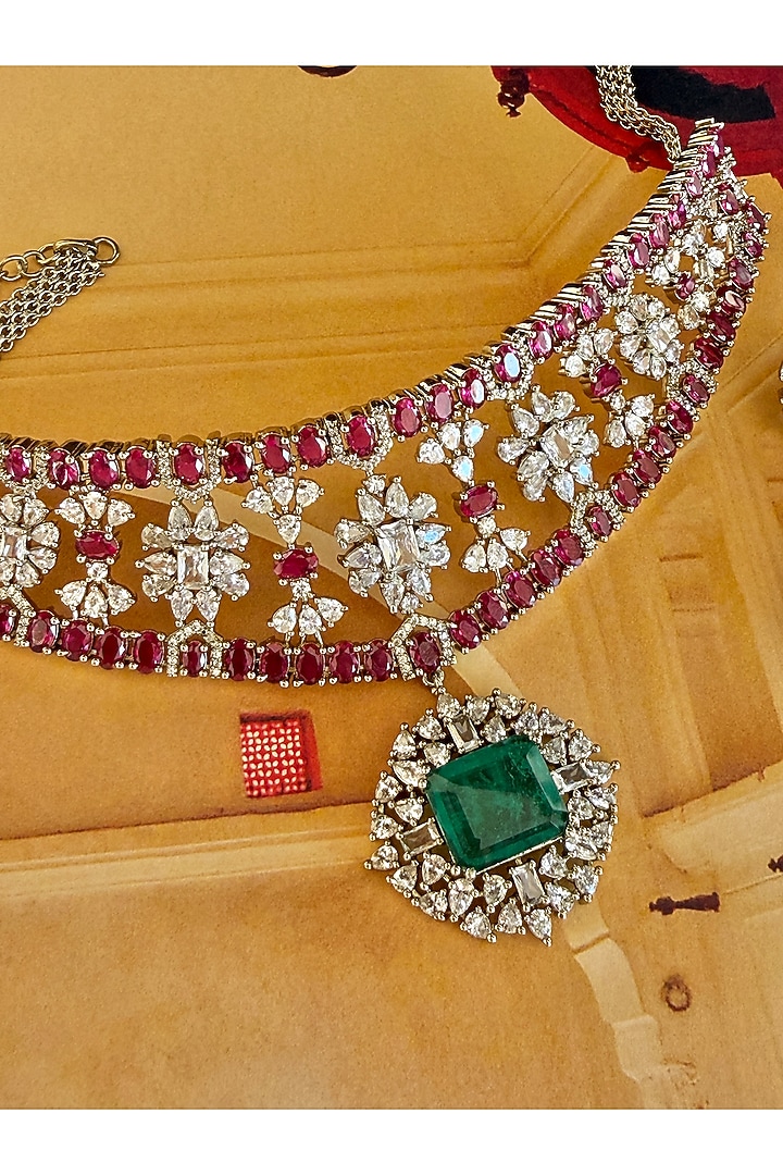 Gold Finish Ruby & Emerald Stone Necklace Set by AVSA Jewels at Pernia's Pop Up Shop