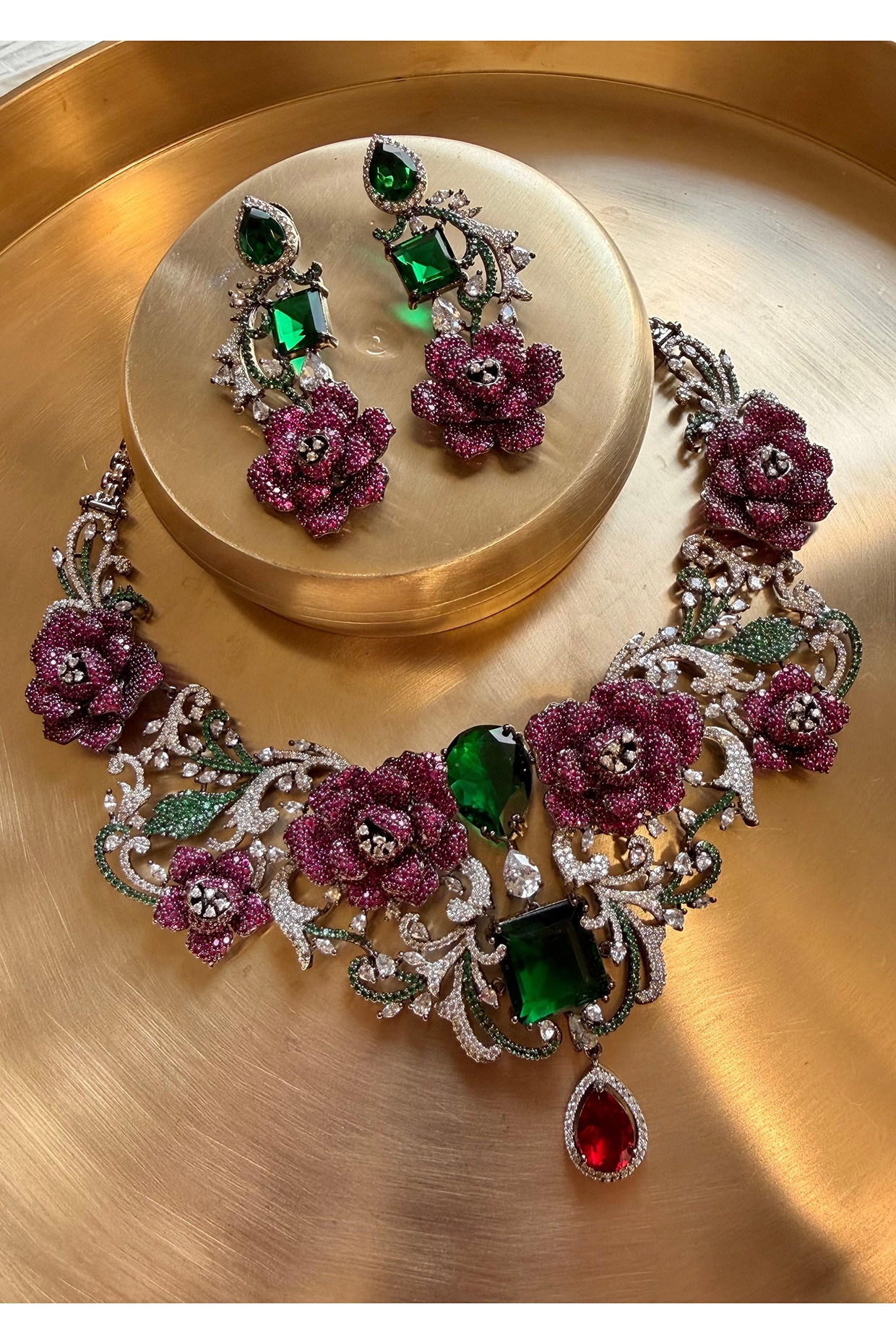 AVSA Jewels Gold Finish Zircon & Multi-Colored Stone Necklace Set